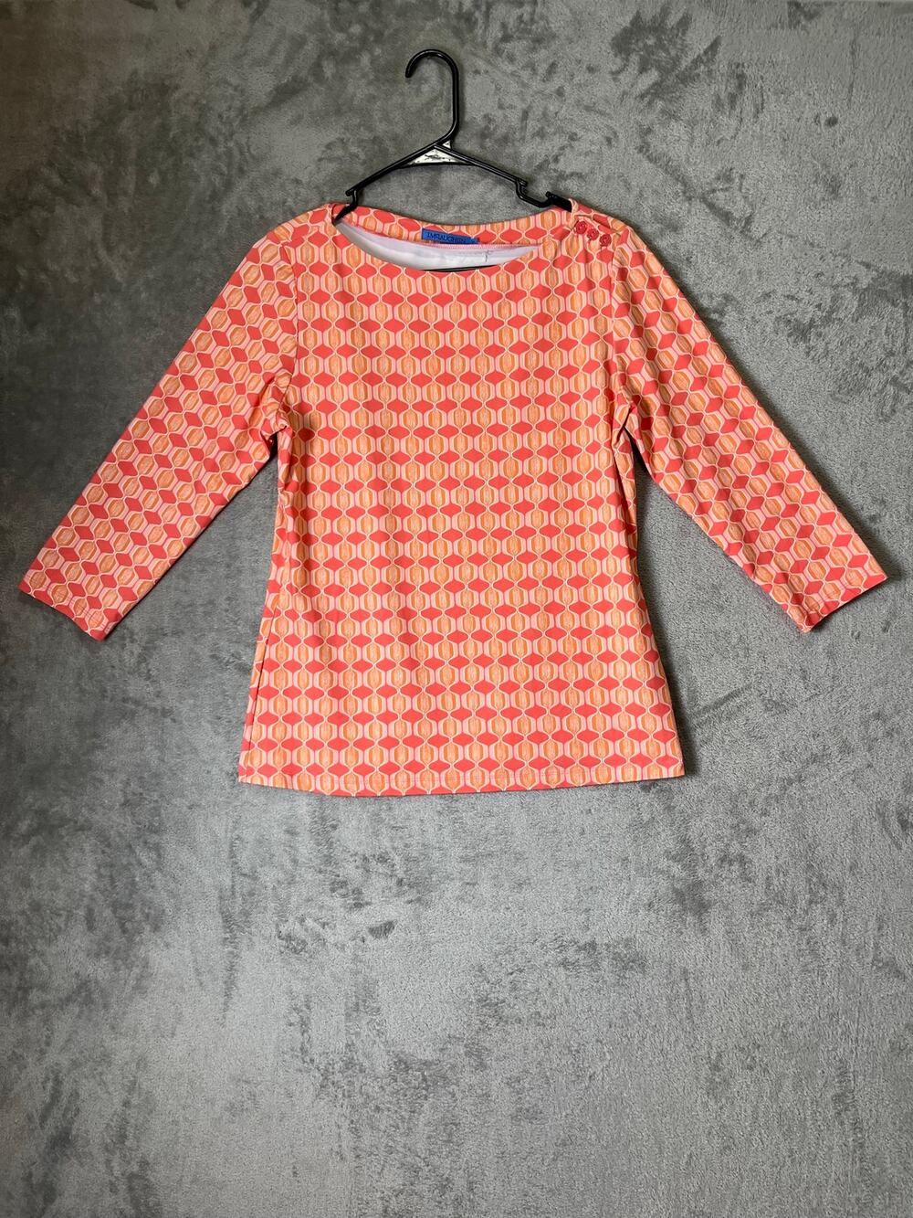 J. McLaughlin Womens M Coral Orange Geometric Print 3/4 Sleeve Top Stretch‎